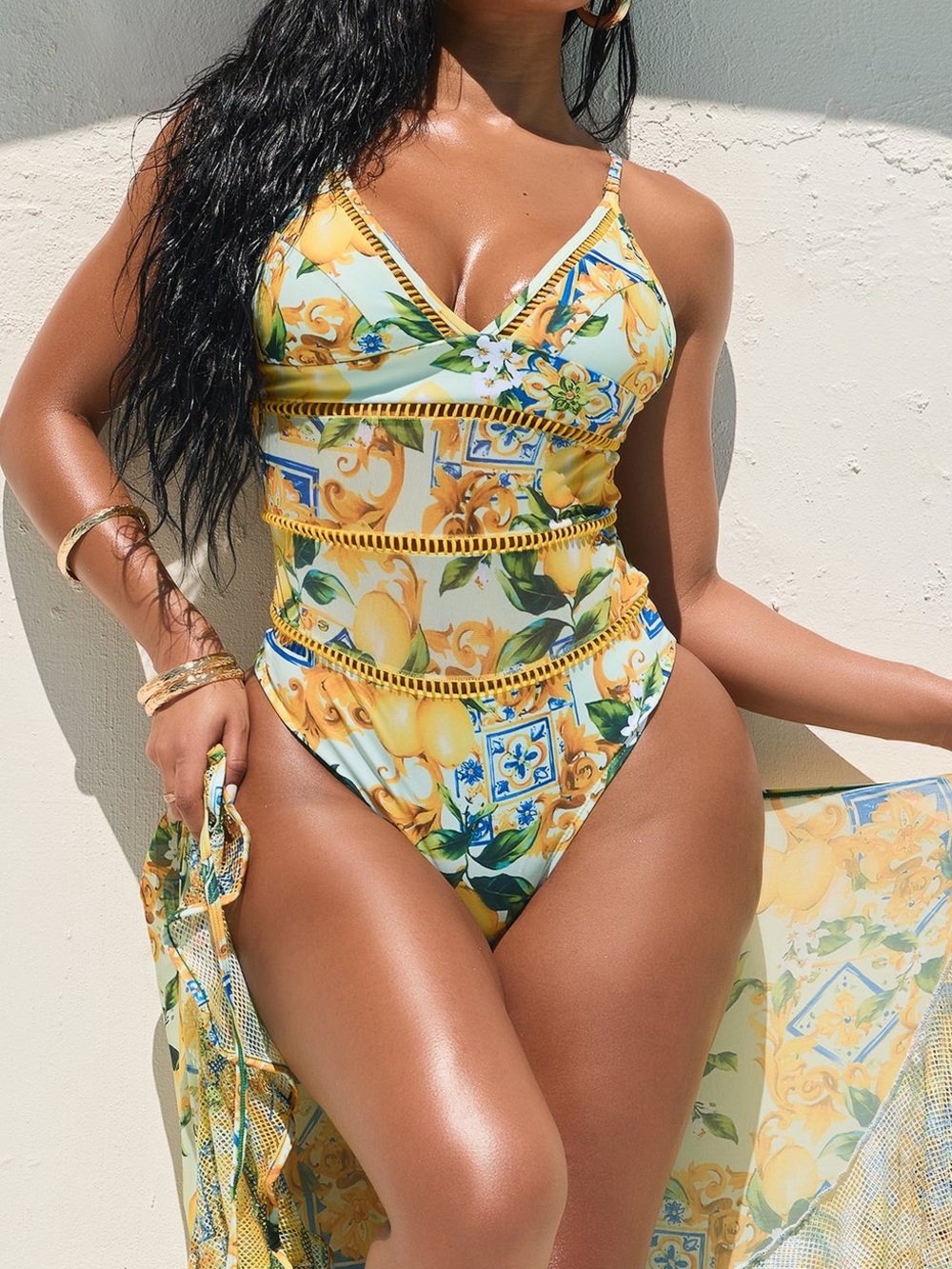 Fashion Nova Lemon Print One-Piece Swimsuit & Ruffle Skirt